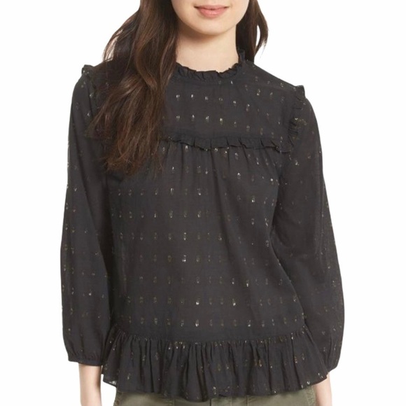 Joie Black & Metallic Ruffle Long Sleeve Gianella Blouse Semi Sheer Size S - Picture 1 of 12